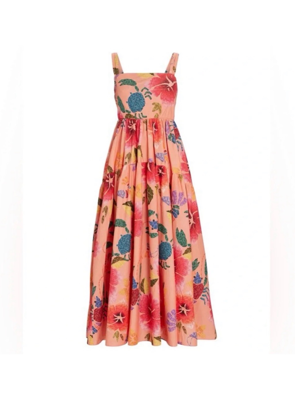 Farm Rio Peach Floral Maxi Dress With Blue & Red Accents